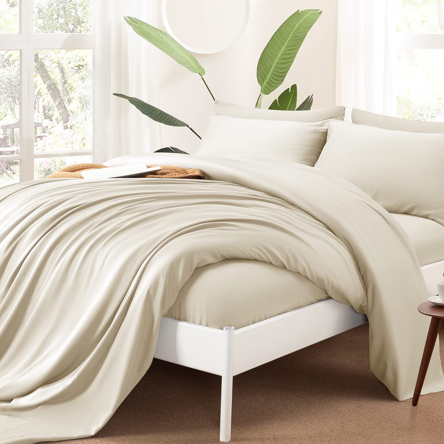 Shilucheng Cool 6Pc 100% Bamboo_ Full Size Bed Sheets Set 1800 Thread Count 16 Inch Deep Pockets Eco Friendly Soft Comforterble Wrinkle Fade And Hypoallergenic (Full,Beige)